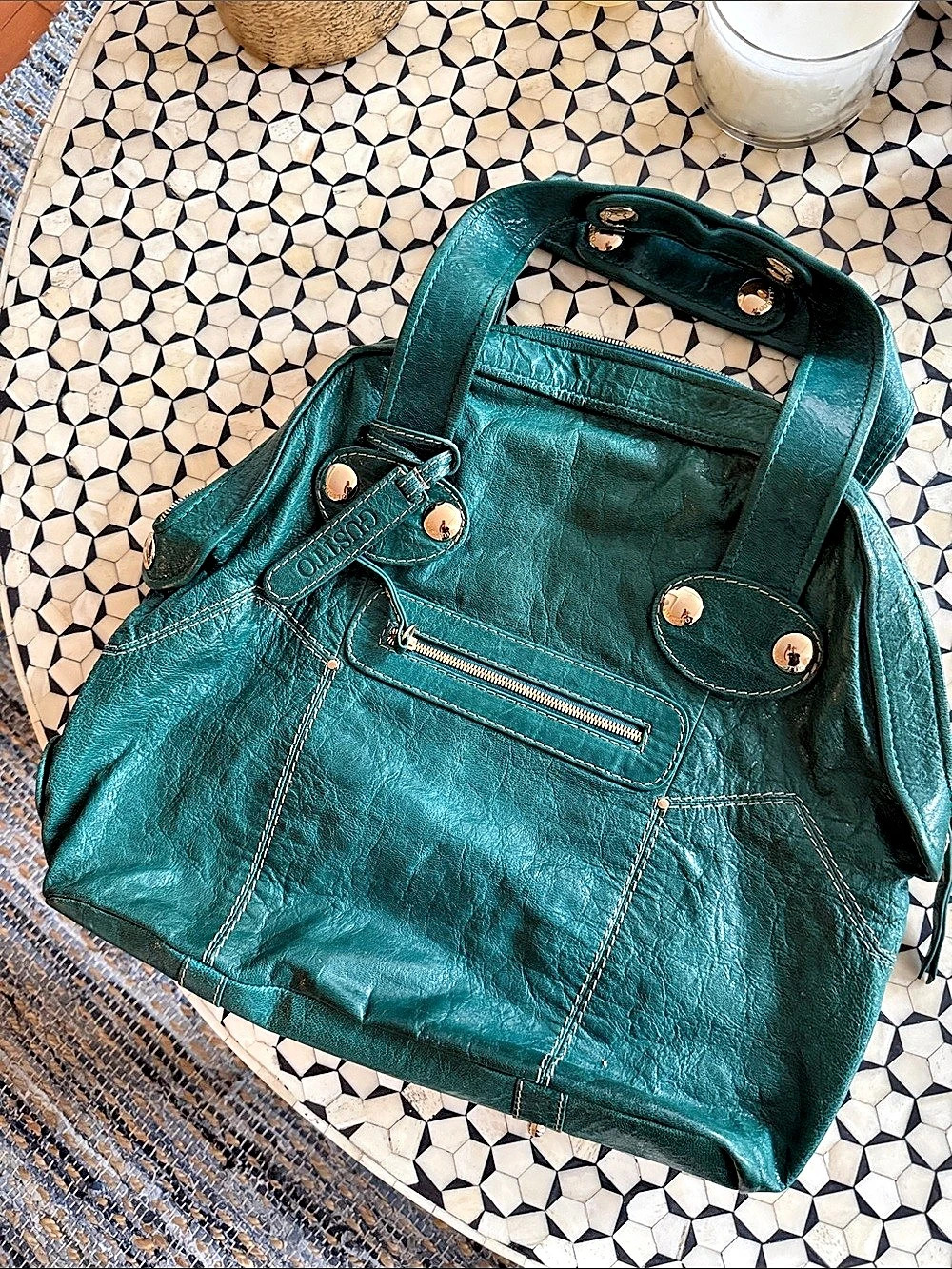 GUSTO Teal Leather Bowler Bag